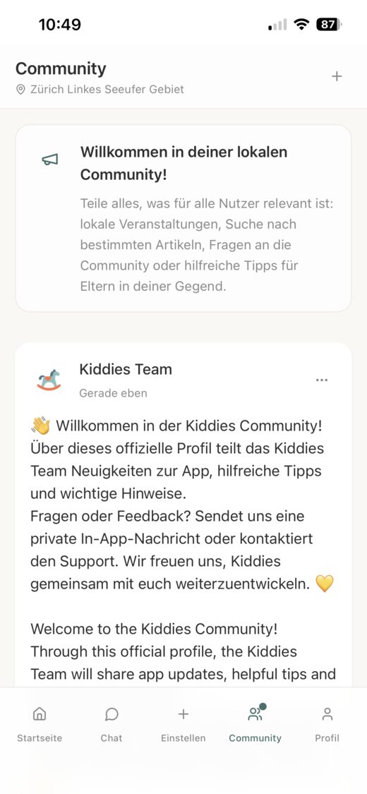 Kiddies Team Beitrag in der lokalen Community der App