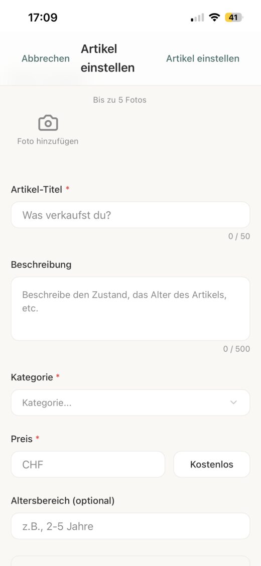 Deutsches Formular zum Einstellen von Kindersachen in der Kiddies App